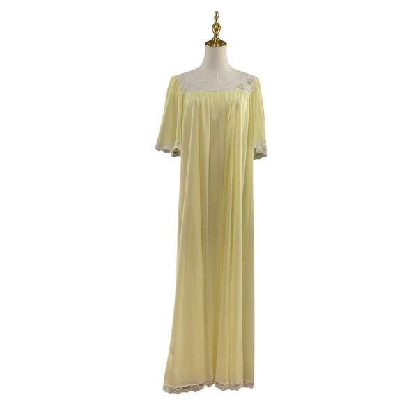Vintage 90s Lucie Ann Buttercup Yellow Nylon Tulip & Lace Maxi Nightgown Size S - Picture 6 of 12
